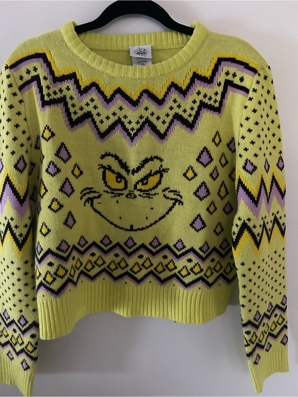 Lime Green Fair Isle Crewneck Sweater with Novelty Face,  says xl /L